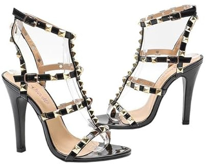 Gizelle® Womens High Heel Sandals Studded Rivet Buckle Ankle Strappy Stiletto Shoes – Ladies Open Toe Office Party Heeled Sandal Black Patent, 4
