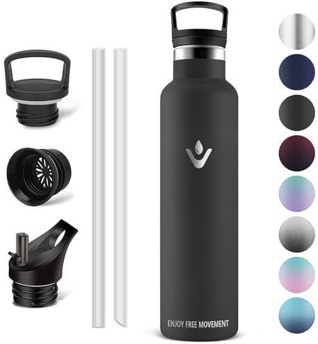Vikaster Thermoskanne, Thermosflasche 1000ml, BPA-frei Trinkflasche, Thermosflasche mit Strohhalm, Trinkflaschee für Schule, Sport, Fahrrad, Camping, Fitness, Outdoor, Schwarz