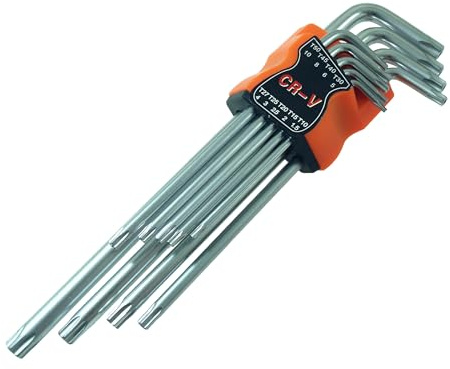 SIO Juego de Llaves Torx Inviolables 9 Piezas – Acero Cromo Vanadio Cr-V Alta Resistencia – Llaves Torx Seguridad Tamper Proof T10-T50 – Set Profesional Automoción Taller Mecánica - con Agujero