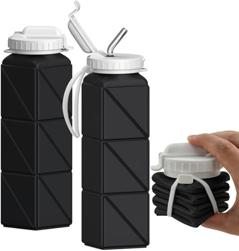 BEAUTAIL Faltbare Trinkflasche 610ML mit Stroh, Tragbare Wasserflasche aus Silikon, Trinkbehälter, Leicht, Wiederverwendbar, für Fitnesss, Fahrrad, Sport, Outdoor Sportflasche (Schwarz)