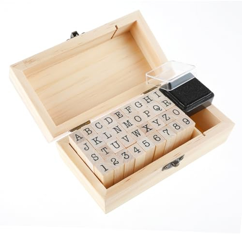 AHQiZFX 36 Stk Alphabet Stempel Set mit Stempelkissen, Holzstempel, Buchstaben Zahlen mit Aufbewahrungsbox für Geschenk Scrapbooking Kunst Handwerk Kartenherstellung