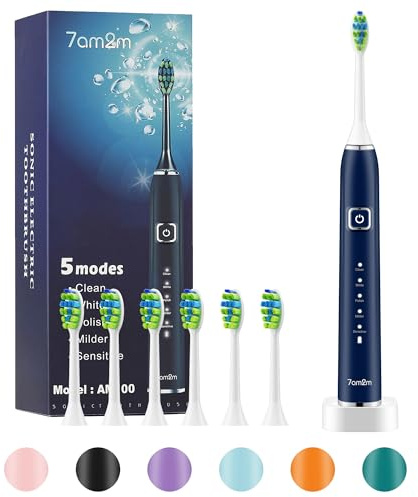 7AM2M Sonic Electric Toothbrush with 6 Brush Heads for Kids and Children, One Charge for 90 Days, Wireless Fast Charge, 5 Modes with 2 Minutes Build in Smart Timer, Electric Toothbrushes(Navy Blue)