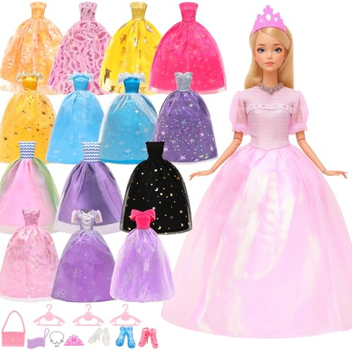Miunana 15 Kleider Abendkleider Ballkleider Schuhen Schmuck für 30cm Puppen | Puppenkleidung Party Puppenkleider Kleidung Puppenzubehör Kronen Handtasche Halskette Kleiderbügel für 11,5 Zoll Puppen