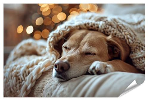 islandburner XXL Bild Poster Brauner Hund schläft friedlich unter weißer Strickdecke unscharfe Weihnachtslichter Premium Bilder Fotodruck