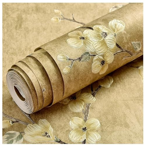Tapete Selbstklebend Blumen Vintage Grün/weiß/beige Retro Wandaufkleber Vliestapete Peel and Stick Wallpaper Floral Wandpapier for Glatte Wand Wohnzimmer Schlafzimmer und Büro(1,53x500cm/20.8x196.8in)