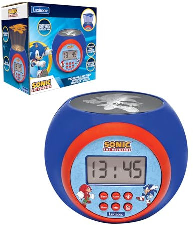 LEXIBOOK, Sonic The Hedgehog, Projector alarm clock with snooze function, night light with timer, LCD screen, battery-operated, Blue, RL977SN