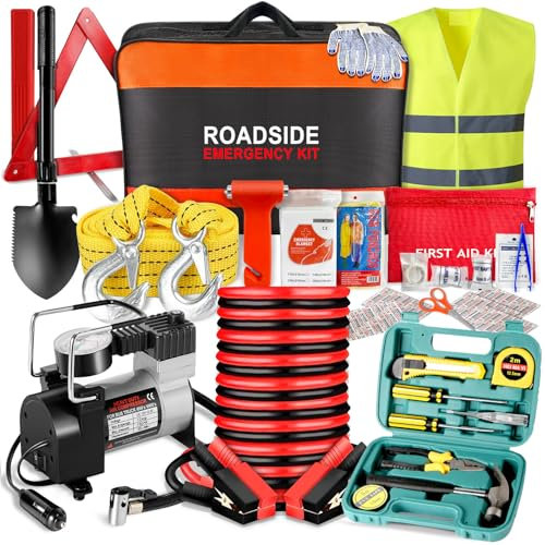 Kit di emergenza per auto con compressore d'aria, kit di emergenza stradale per veicoli, camion con cavi a ponte, kit di sicurezza invernale per auto con pala pieghevole
