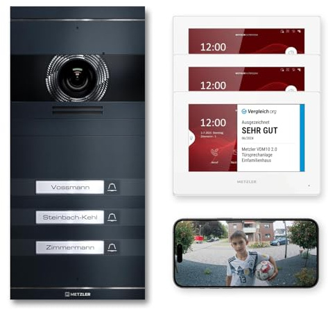 Metzler VDM10 2.0 Video Sprechanlage Komplett Set - mit austauschbarem Namensschild - LAN/POE - Türsprechanlage mit HD-Kamera für 3 Familienhaus, Smartphone App, in Anthrazit aus V2A Edelstahl