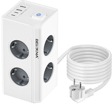 Mehrfachsteckdose mit 4 USB 8 Fach Steckdosenleiste Mehrfachstecker Steckdosenwürfel mit Schalter Überspannungsschutz Steckerleiste Verlängerungskabel Steckdosenturm Verteilersteckdose 2M Kabel