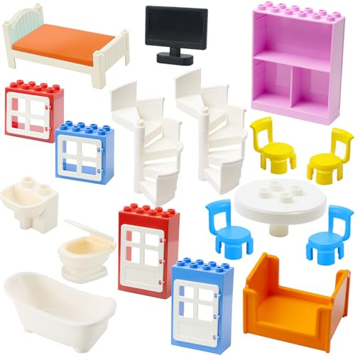 Mirthben Ergänzungsset für Duplo Steine 18-teiliges Kreativ-Set mit Türen, Fenstern, Möbeln & Zubehör Kompatibel mit Allen großen Bausteinen Ab 3 Jahren