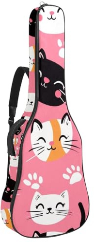 KengjuTesu 43 Zoll Akustikgitarre Softcase mit Rucksackgurt und 2 Taschen Rosa Hintergrund Katzengesicht Keine Polsterung Rucksack Wasserdicht Oxford Tuch Bassgitarre Gigbag für Konzertgitarren,