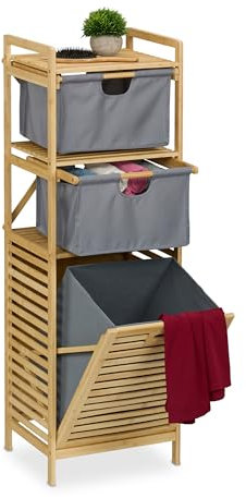 Relaxdays Wäschekorb, kippbarer Wäschesammler, 30 l, Ablage & 2 Schubladen, Bambus, Stoff, HBT: 120x40x33 cm, Natur/grau