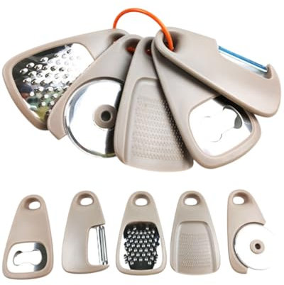 KGDUYC Juego de utensilios de cocina de acero inoxidable, 5 piezas, utensilios de cocina portátiles, rallador de queso, abrebotellas, pelador de fruta/verduras, cortador de pizza, molinillo de ajo