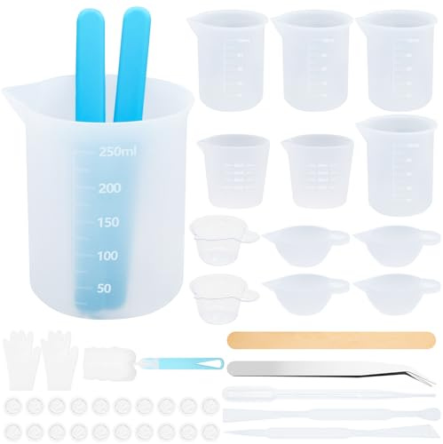 Celepoir Vasos Medidores de Silicona Set, 30/100/250ml Tazas Medidoras Silicona, con Vaso Mezclador, Silicone Agitador, Vaso Dosificador & Epoxi Accesorio, para Fundición Molde, DIY, Fácil de Limpiar