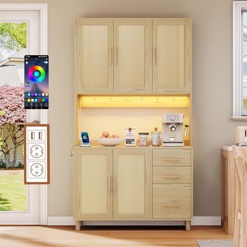 Buffet de cocina de 183 cm con iluminación LED RGB controlada por aplicación, 2 puertos USB+2 enchufes, 3 cajones y estantes ajustables – Armario multifunción moderno para cocina, comedor o sala de