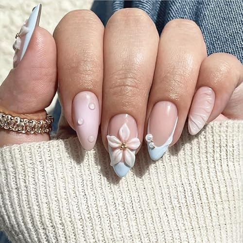 24PCS Blue White Press On Nails, 3D Flower & Pearl Design for Summer, Medium False Nails Blue White French Lace