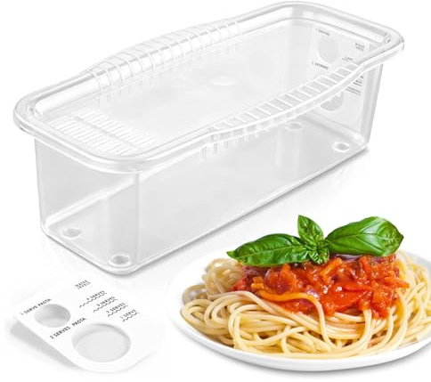 PCREGPAE Microwave Pasta Pot with Strainer Lid & Measuring Cup Clip Quickly Cook 1-4 Servings-No Mess, Sticking or Waiting For Boil, Pasta Cooker in Microwave for Dorm Kitchen Office College Essential