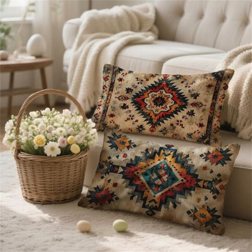 Kissenbezug 50x80cm Boho kopfkissenbezug 2er Set Sofakissen Kelim Muster Dekokissen Samt Rechteckig Couchkissen mit Unsichtbarer Reißverschluss Design Zierkissen für Herbst Deko Geschenke t-571