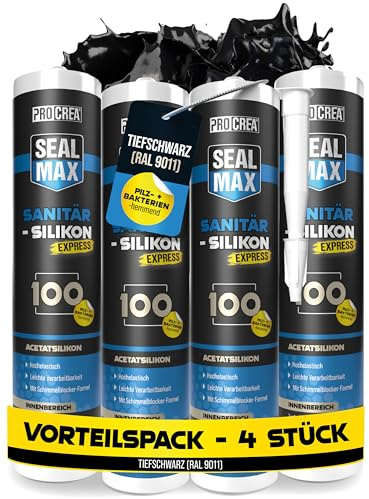 PROCREA® 4x Premium Sanitärsilikon 100 (tiefschwarz) [Schimmelresistent] Hochwertiges Sanitärsilikon zum abdichten für Fugen in Bad, Dusche & Küche uvm. - Silicon schwarz - Profi-Qualität