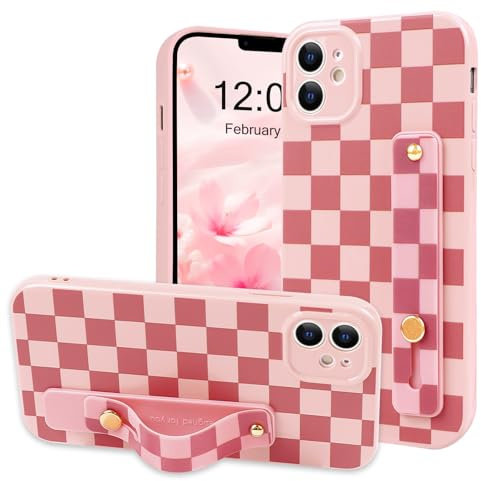 NITITOP Compatible with iPhone 11 Case Cute with Wrist Hand Strap Checkboard Checkered Pattern Aesthetic for Women Girls Plaid Adjustable Kickstand Protective Cover - Pink