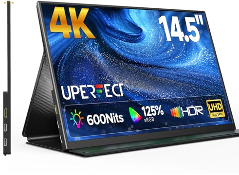 UPERFECT 14.5 4K Portable Monitor, Aluminium 600 Nits 3840x2400 UHD Matte 16:10 Travel Screen w/Smart Cover, 1.06B Colours, USB-C Mini HDMI Metal Frame External Display for Laptop/PC/Phone/Game