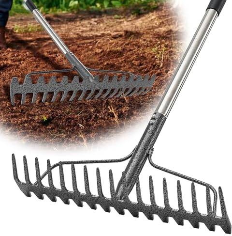 Bow Rake, 65 Heavy Duty Garden Rake with Wide 17 Tines Head & Stainless Steel Handle, Adjustable Rakes for Lawns Yard Loosening Soil Thatching Gathering Leaves Gravel