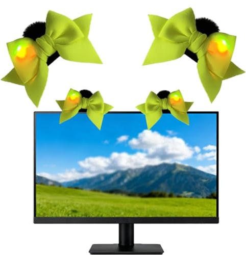 2PCS Light Up Bow Bear Ears Computer Monitor Decor Laptop Decorations Cute Office Decor Monitor Decor Funny Desk Accessories Green