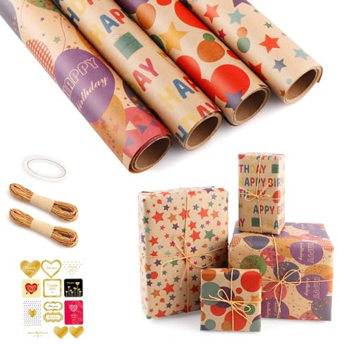 4 Rollen Geschenkpapier Set, 43cm x 300cm Packpapier Geschenkpapier Geburtstag, Kraftpapier Rolle Vintage mit Aufkleber und Jute Schnur, Gift Wrapping Paper für Weihnachten