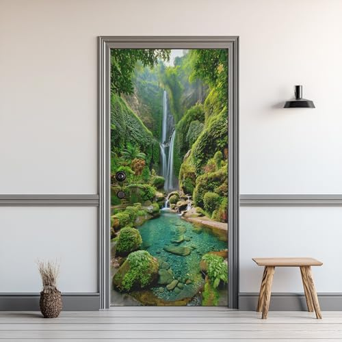Adesivi per Porte, Cascata Adesivi per Porte Interne Pianta Tropicale Montagna Lago Paesaggio Naturale Adesivo Porta Autoadesiva, 83 x 210 cm Removibile Autoadesivo Pvc Decorazione Da Parete