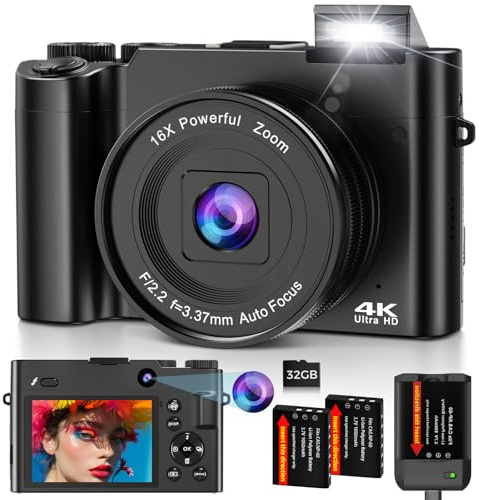 Digitalkamera 4K 64MP mit Dual Kamera, Autofokus, 16X Digitalzoom, Kompakte Kamera Fotokamera mit 3 IPS-Bildschirm, Webcam-Funktion, 2 Akkus, 32GB Speicherkarte für Jugendliche und Anfänger