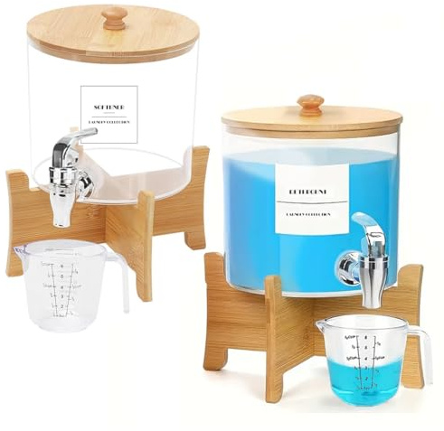 2Pcs Laundry Detergent Dispenser, Laundry Soap Dispenser with Stand, Faucets Acrylic Laundry Detergent Container for Laundry Room Liquid Detergent, Bleach, Fabric Softener Organization and Storage