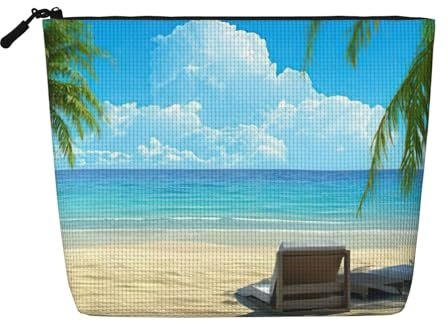 Hawaiian Beach with Palm Trees Daily Use Makeup Bag Fake Hemp Travel Toiletry Organizer Large Capacity Water Resistant