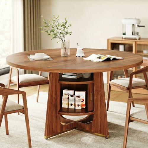IRONCK 47 Inch Round Dining Table for 4-6 People with Built-in Storage Cabinet, Mid-Century Modern Kitchen Table for Dining Room, Kitchen, Living Room (Walnut)
