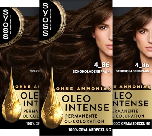 Syoss Oleo Intense Öl-Coloration 4-86 Schokoladenbraun (3x 130 ml), dauerhafte Haarfarbe mit pflegendem Öl schützt vor Haarschäden, für 100% Grauabdeckung, Coloration ohne Ammoniak