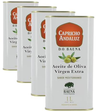Capricho Andaluz - Aceite de Oliva Virgen Extra DOP Baena Origen Español Lata 1L - Sabor Afrutado Amargo Picante, Calidad Certificada, Ideal para Cocina y Crudo (Paquete de 4)