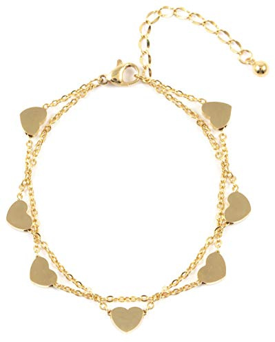 Happiness Boutique Damen Herz Armband in Goldfarbe | Mehrreihiges Armband Zarte Armkette Schmuck aus Titan