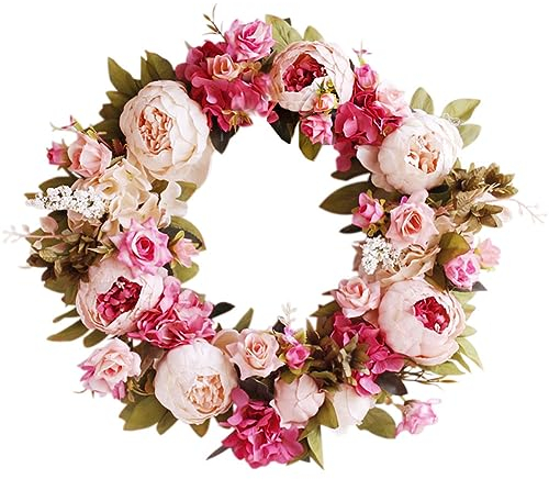 Yokoke Ghirlanda floreale con ramoscelli di peonia, 40,6 cm, realizzata a mano, vintage, per porta d'ingresso, bella seta per primavera ed estate (rosa)