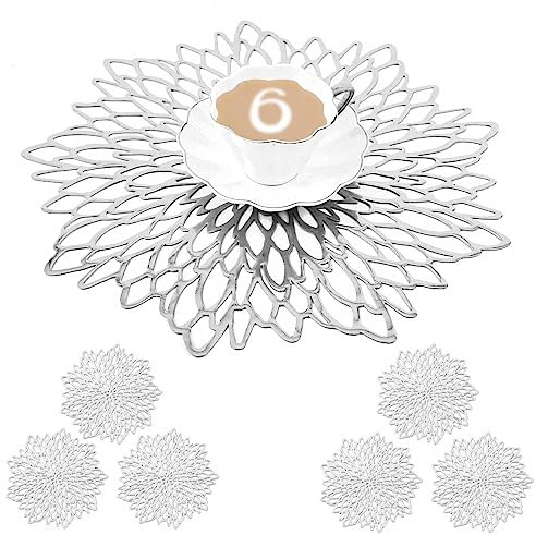 Mangata Silber platzsets und untersetzer Rund, Silber Tischsets Rund für Weihnachten, Bankett, Geburtstag, Hochzeit, (6-er Set), Abwischbar, 38 cm