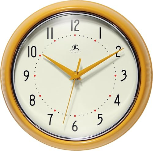 Infinity Instruments Retro 9 inch Silent Sweep Non-Ticking Mid Century Modern Kitchen Diner Wall Clock Quartz Movement Retro Wall Clock Decorative (Saffron Yellow)