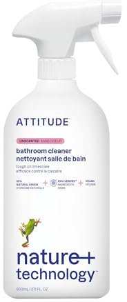 ATTITUDE Bathroom Cleaner Spray, EWG Verified, Plant-Based & Vegan, Safe for Bathroom Surfaces, Tiles, Tubs, Shower Walls, and Grout, Unscented, 800 mL