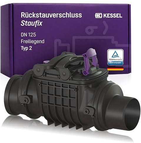 KESSEL Rückstauverschluss Staufix DN 125 Typ 2 freiliegend, Artikel 730125 | Rückstausicherung für fäkalienfreies Abwasser, 2 Klappen, handverriegelbarer Notverschluss, modular aufrüstbar, EN 13564