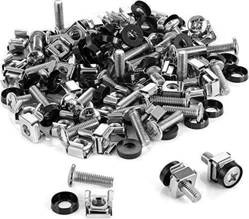 Poppstar Juego de M6 x 20mm tornillos rack & tuerca enjaulada para 10” y 19” armario de red, tornilleria rack con arandelas, 100 unidades