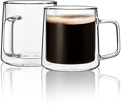 CNGLASS 10oz Glass Coffee Mugs,Double Wall Insulated Glass Mugs with Handle,Clear Espresso Mug for Latte,Cappuccino,Tea Bag,Set of 2