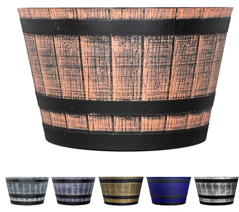 SG Traders Large Half Barrel Cask Planter, Flower Pots Outdoor Garden Planters, Indoor Plant Pot with Drainage Holes, Plastic, Tan with Black Straps, 40 x 24cm