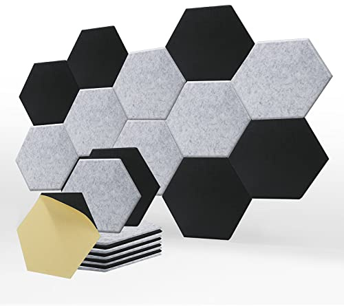 SK Studio 12 Stücke Akustikplatten, Akustik Hexagon Panels 30 x 25 x 0.9cm Selbstklebend Schallschutzpaneele Hochdichte Wandfliesen für Tonstudio, Büro, Studio, Akustische Behandlung Schwarz+Grau