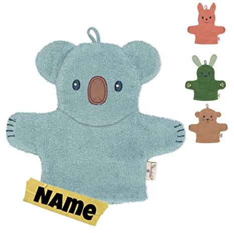 Sterntaler Waschlappen Kinder personalisiert | Waschhandschuh | Waschlappen Frottee mit Namen bestickt | 100% BIO Baumwolle | Baby Geschenke (Kalla Koala mint)