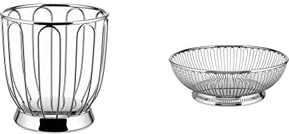 Alessi 370/19 - Designdrahtvertrag Zerquetscht, 18/10 Edelstahl, 19 cm & 826/24 - Design Herzstück Drahtkorb aus Edelstahl 18/10, poliert, Silber