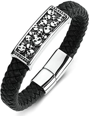 Ayoiow Männer Armband Indianer, Metall Armband Herren Armband Leder Vintage Schwarz Armband mit Totenkopf