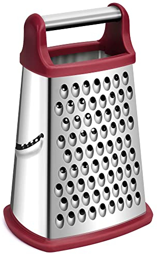 Rainspire Professional Box Grater, Cheese Grater Box for Kitchen Stainless Steel with 4 Sides, Cheese and Spice Graters with Handle for Vegetables, Ginger, Potatoes, Red