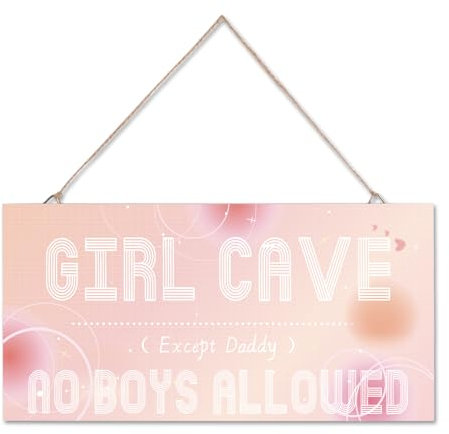 Girl Cave Sign, Hanging Bedroom Door Decoration Sign for Bedroom Woodland Nursery Home Decor, No Boys Allowed Except Daddy Signs Wall Decorations, Cute Pink Preppy Room Decor for Teen Girls